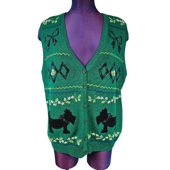 Vintage Alfred Dunner Green Scottie Dog‎ Button Front Sweater Vest Size Large - Picture 1 of 8